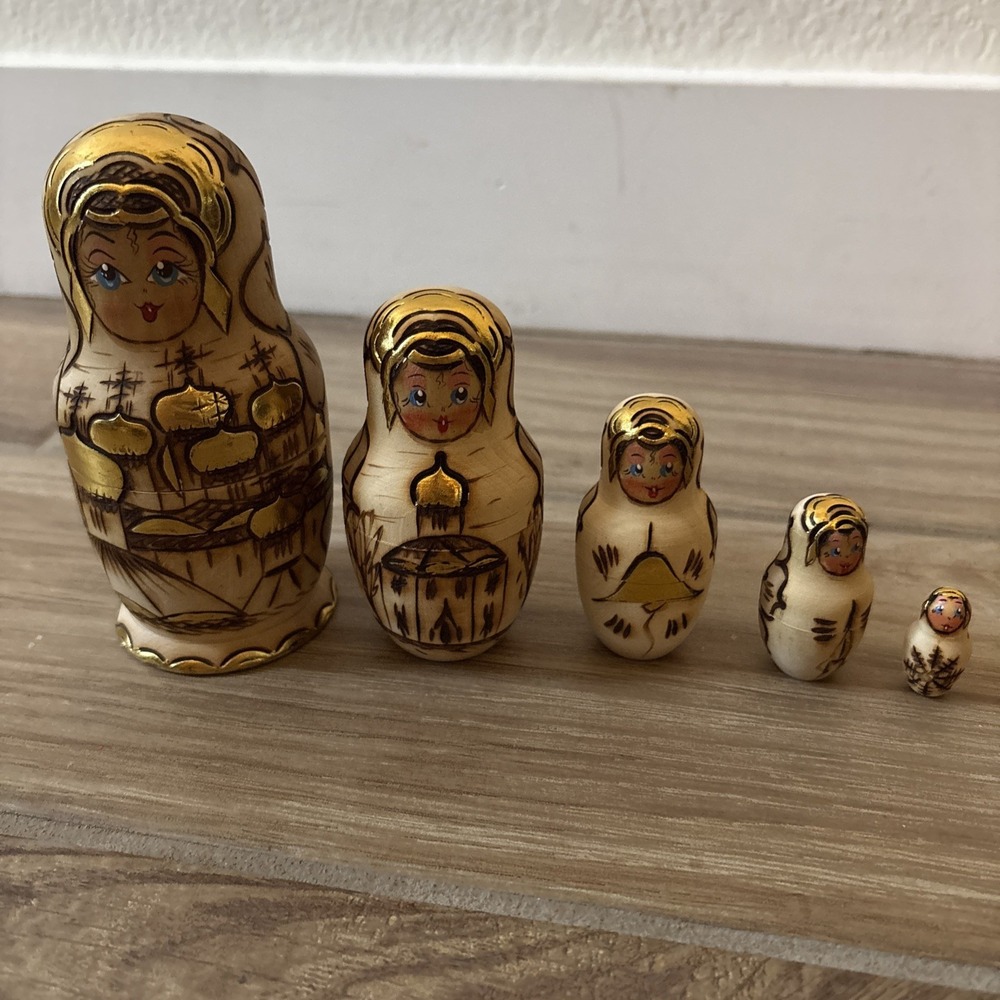 Vintage Russian Nesting Dolls Gold Hand Painted Wood Burn Stacking Set of 5